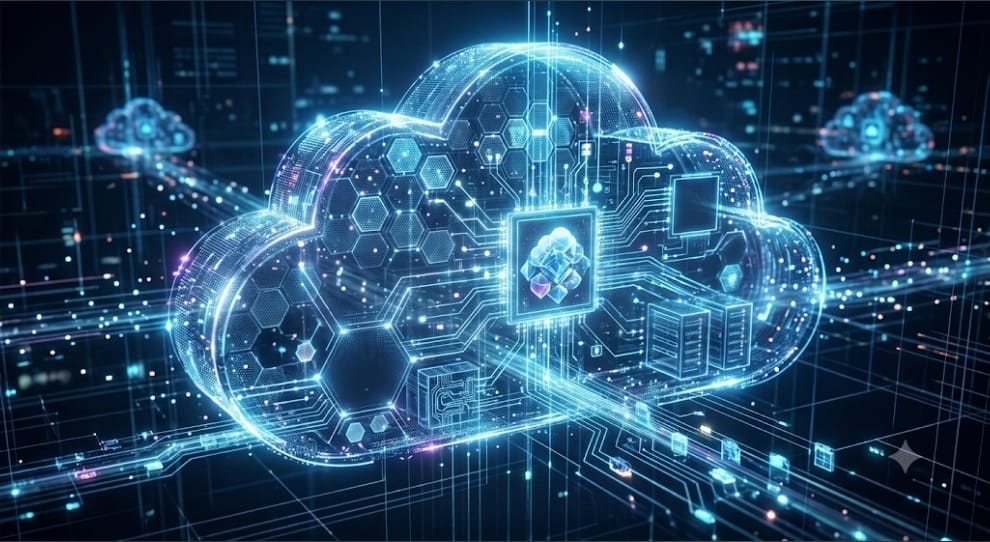 Ilustración conceptual de una nube digital con circuitos, representando infraestructura de almacenamiento en la nube